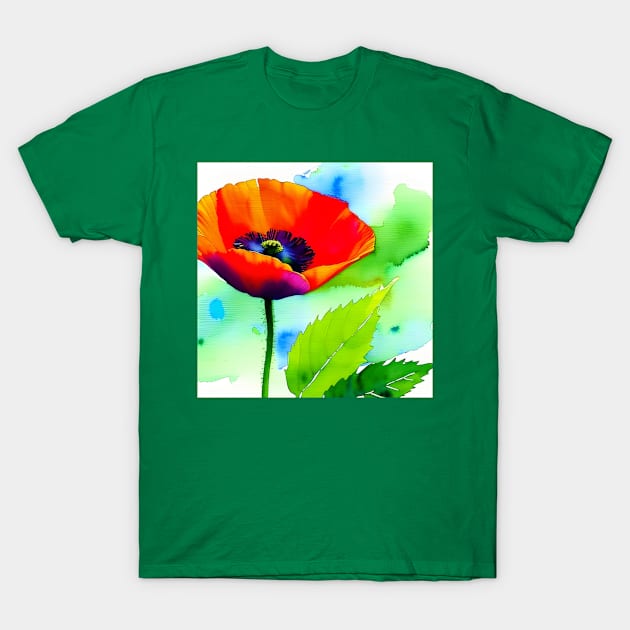 Colorful Digital Watercolor of Red Poppies (MD23Mrl012) T-Shirt by Maikell Designs